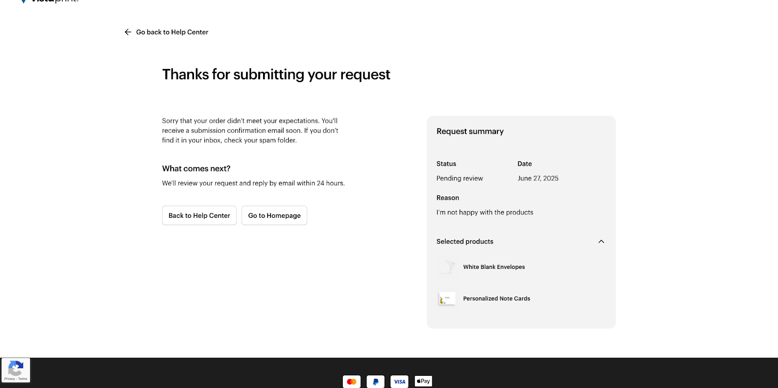 A request submission confirmation screen